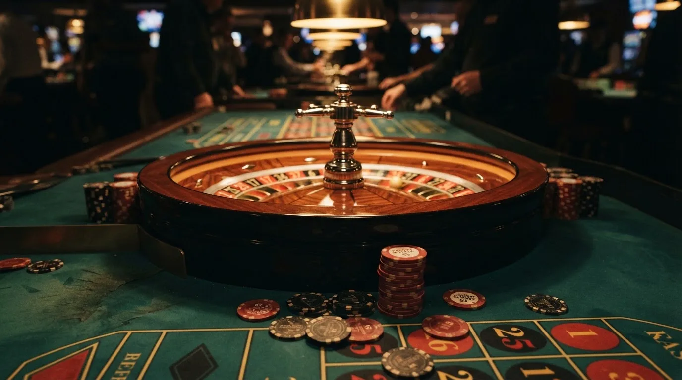 Rulettehjul og sjetonger på grønn filt i varmt kveldslys — 10 kr casinoer i norge