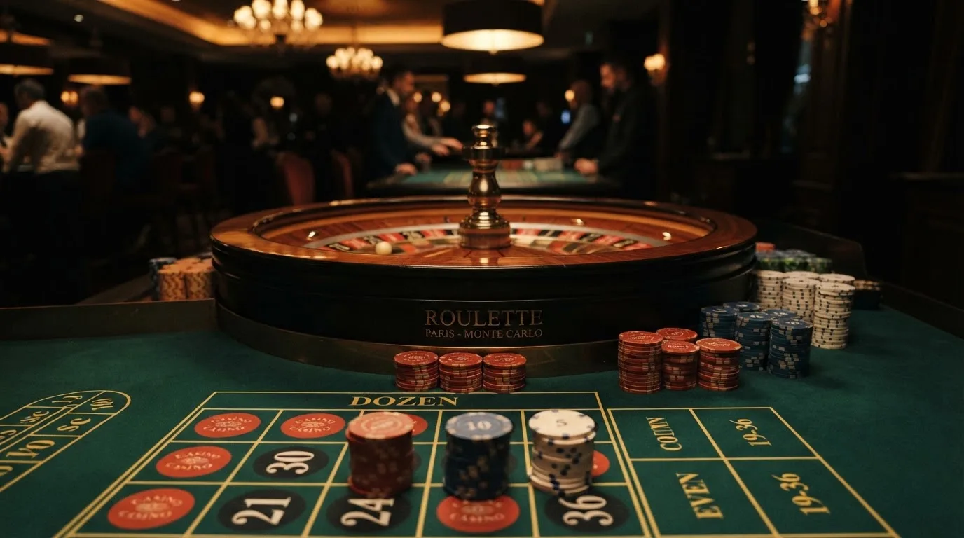 Rulettehjul og sjetonger på grønn filt i varmt kveldslys — 100 kr casinoer i norge