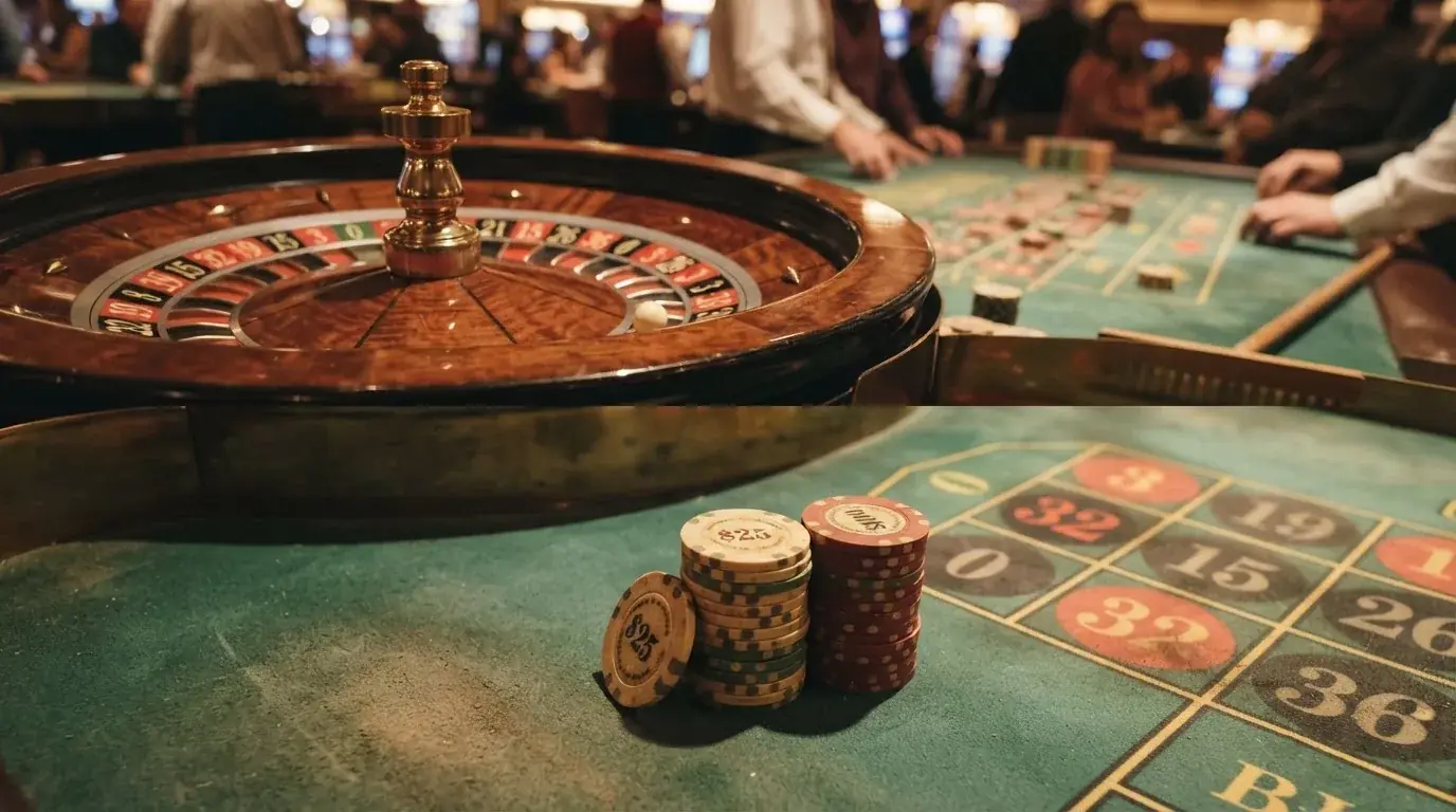 Rulettehjul og sjetonger på grønn filt i varmt kveldslys — 20 kr casinoer i norge