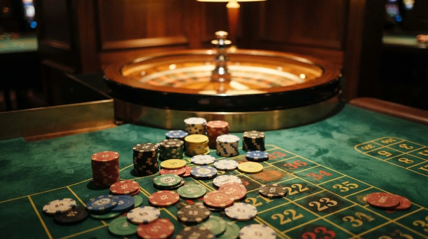 Rulettehjul og sjetonger på grønn filt i varmt kveldslys — anmeldelser av norske casinoer