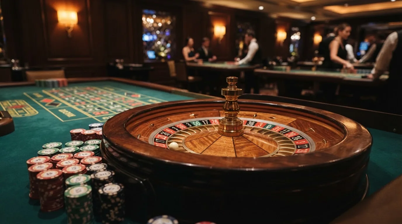 Rulettehjul og sjetonger på grønn filt i varmt kveldslys — beste blackjack i norge