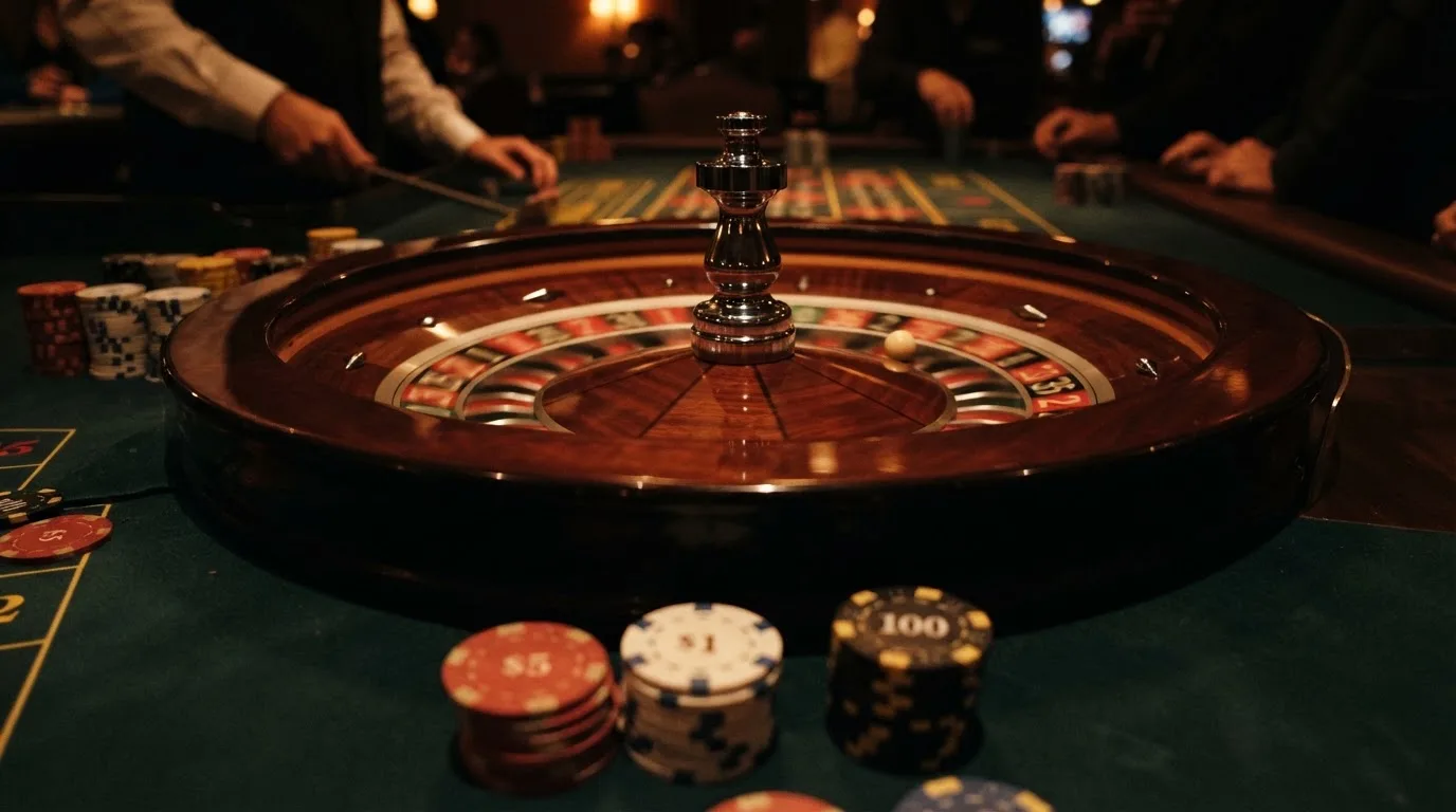 Rulettehjul og sjetonger på grønn filt i varmt kveldslys — beste bonuser på norske casinoer
