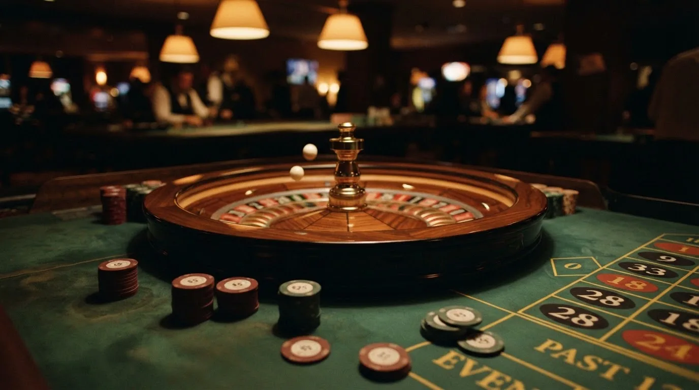Rulettehjul og sjetonger på grønn filt i varmt kveldslys — beste casino spilleautomater
