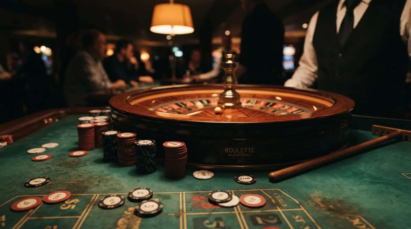 Rulettehjul og sjetonger på grønn filt i varmt kveldslys — beste casinobonuser i norge
