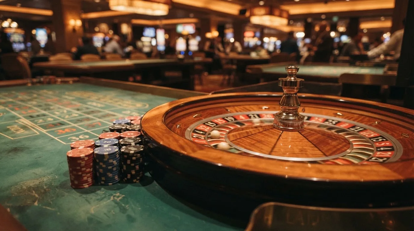 Rulettehjul og sjetonger på grønn filt i varmt kveldslys — beste casinoer med baccarat
