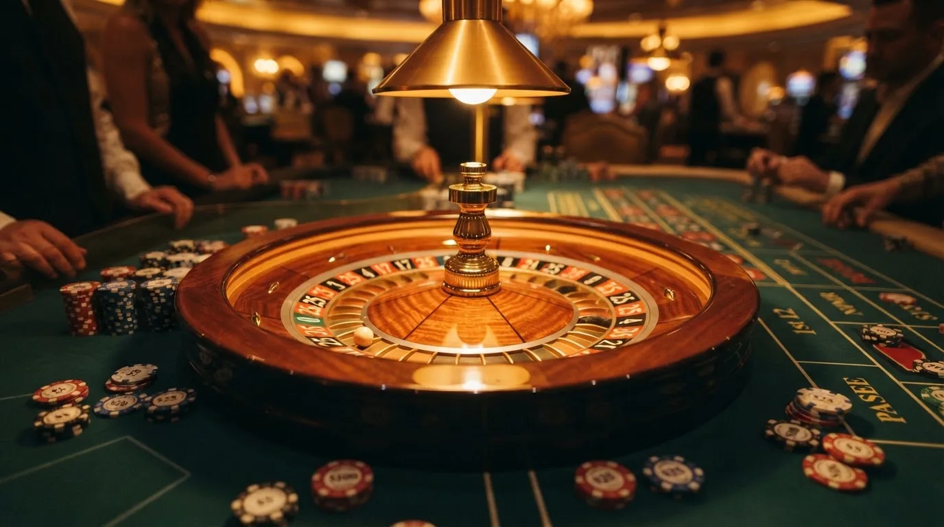 Rulettehjul og sjetonger på grønn filt i varmt kveldslys — beste casinoer med bingo