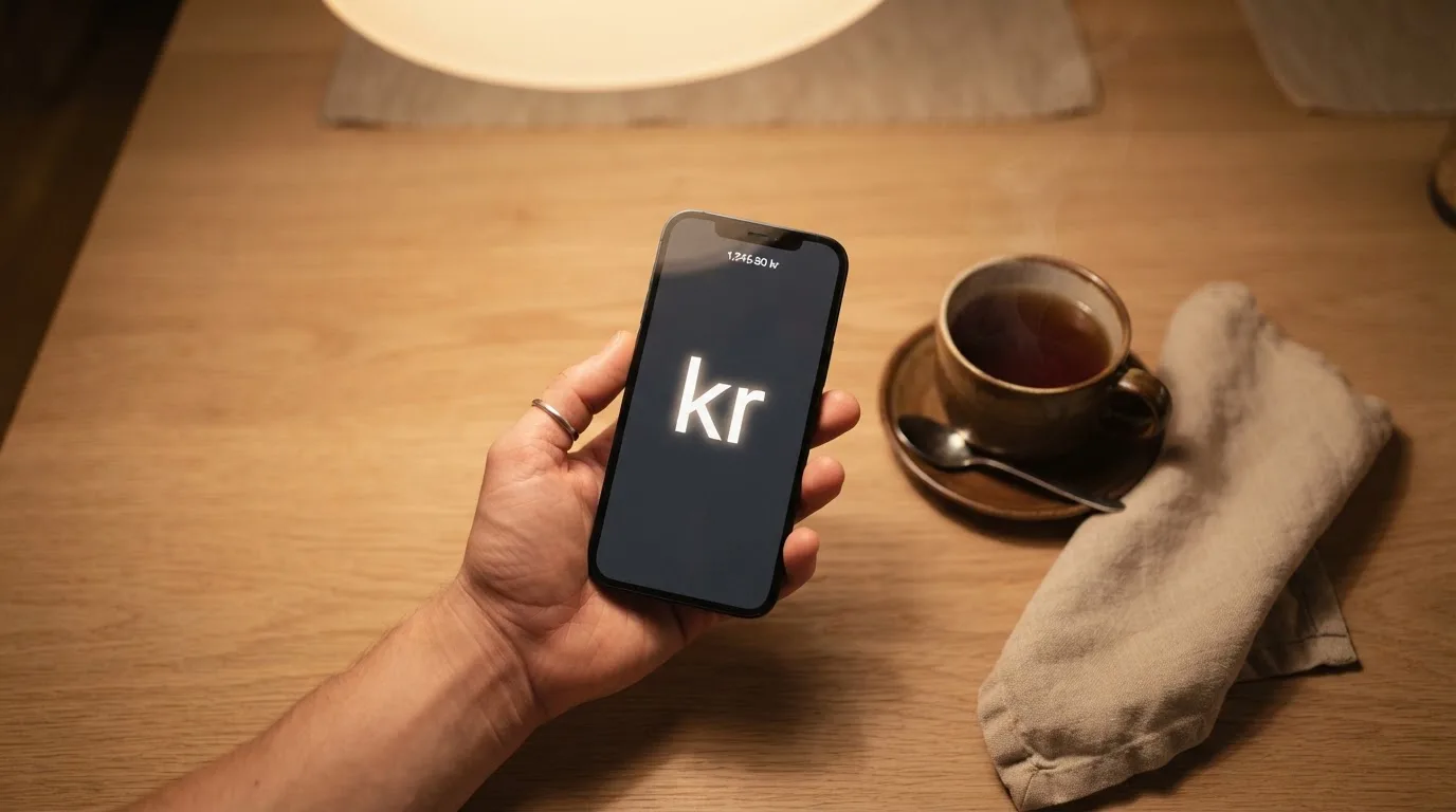 Hånd holder en mobiltelefon ved siden av en kopp te ved et kjøkkenbord en rolig kveld — beste utenlandske casinoer