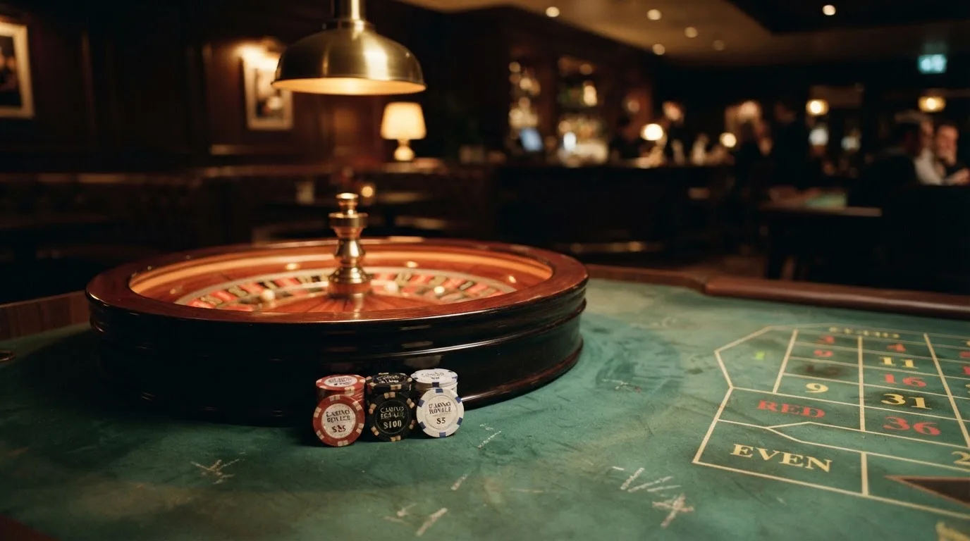 Rulettehjul og sjetonger på grønn filt i varmt kveldslys — beste utenlandske casinoer