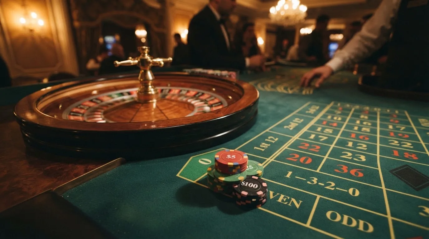 Rulettehjul og sjetonger på grønn filt i varmt kveldslys — bonuser på nettcasino