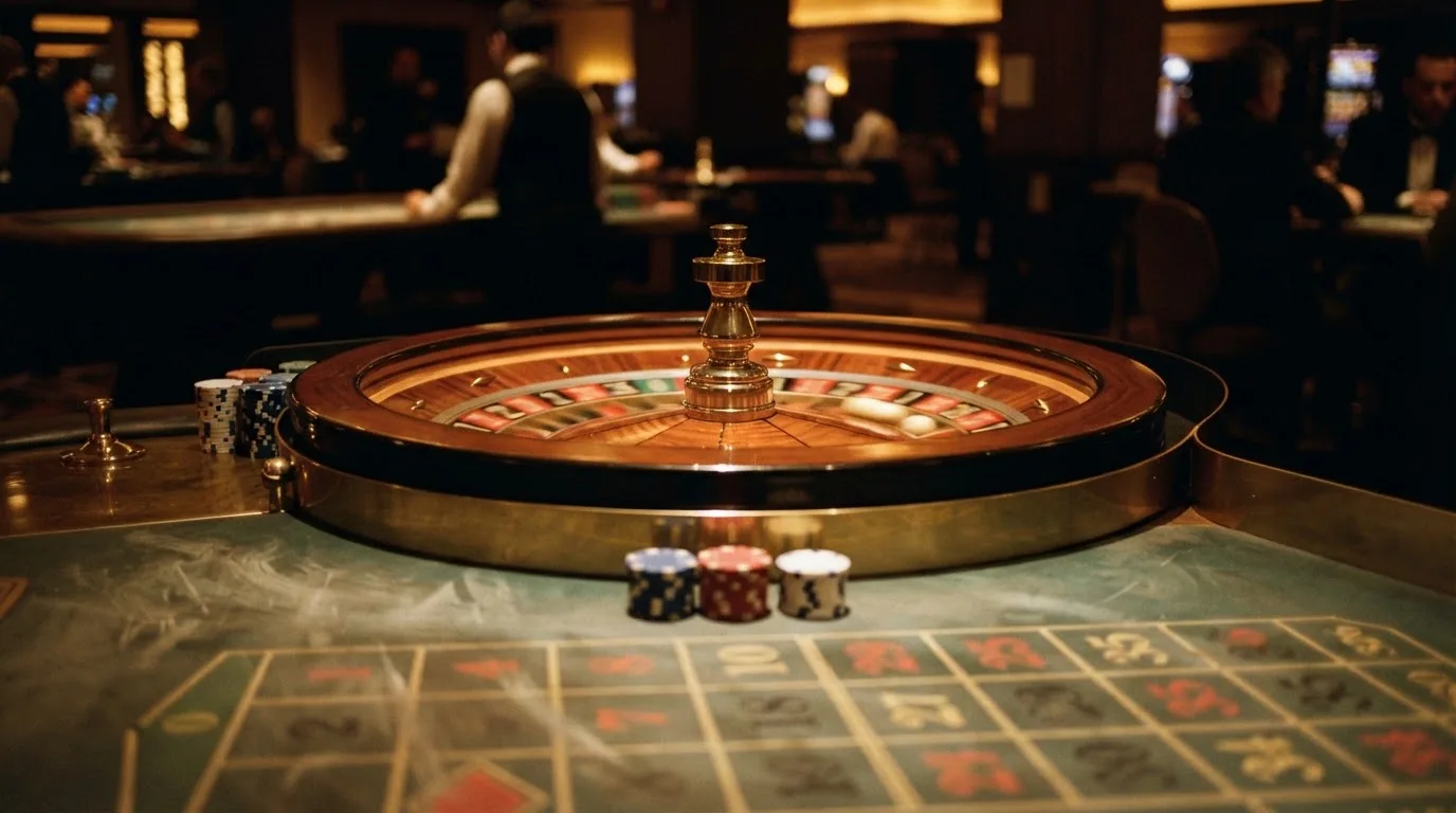 Rulettehjul og sjetonger på grønn filt i varmt kveldslys — casino slots in norway