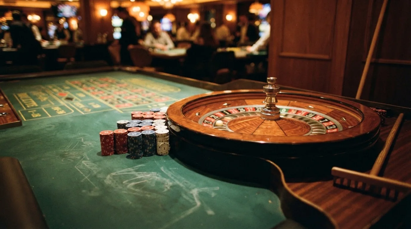 Rulettehjul og sjetonger på grønn filt i varmt kveldslys — casino tipping i norge
