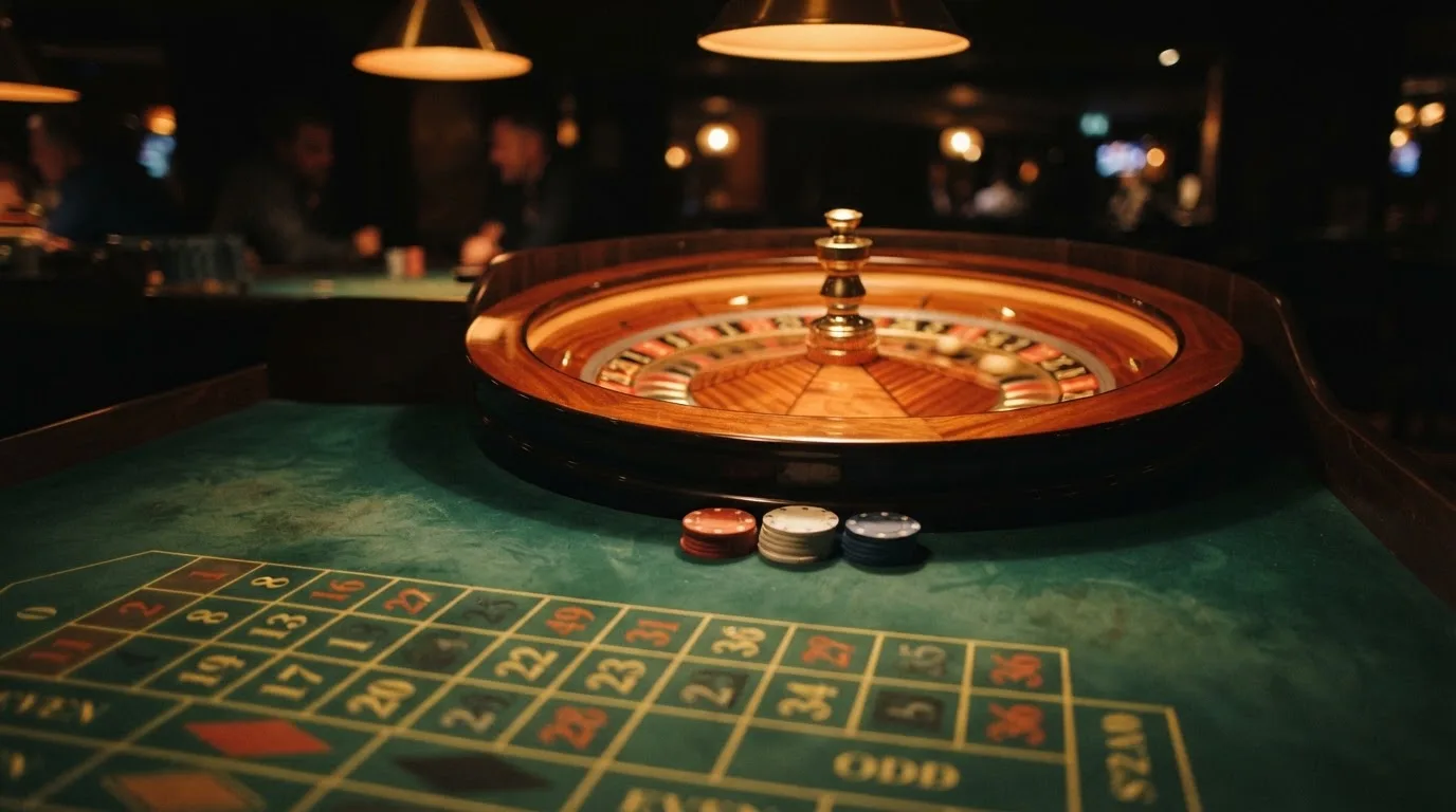 Rulettehjul og sjetonger på grønn filt i varmt kveldslys — casino uten lisens i norge