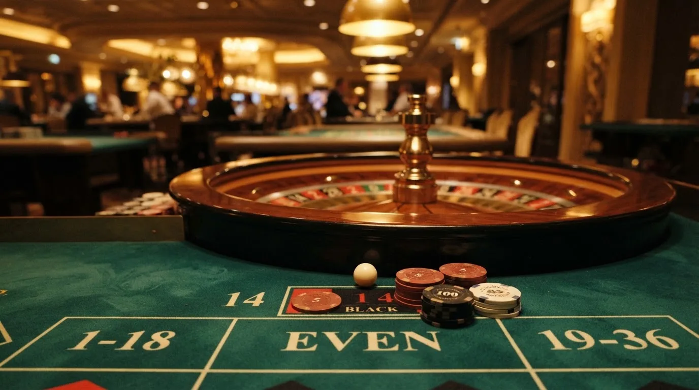 Rulettehjul og sjetonger på grønn filt i varmt kveldslys — casinoer med bitcoin i norge