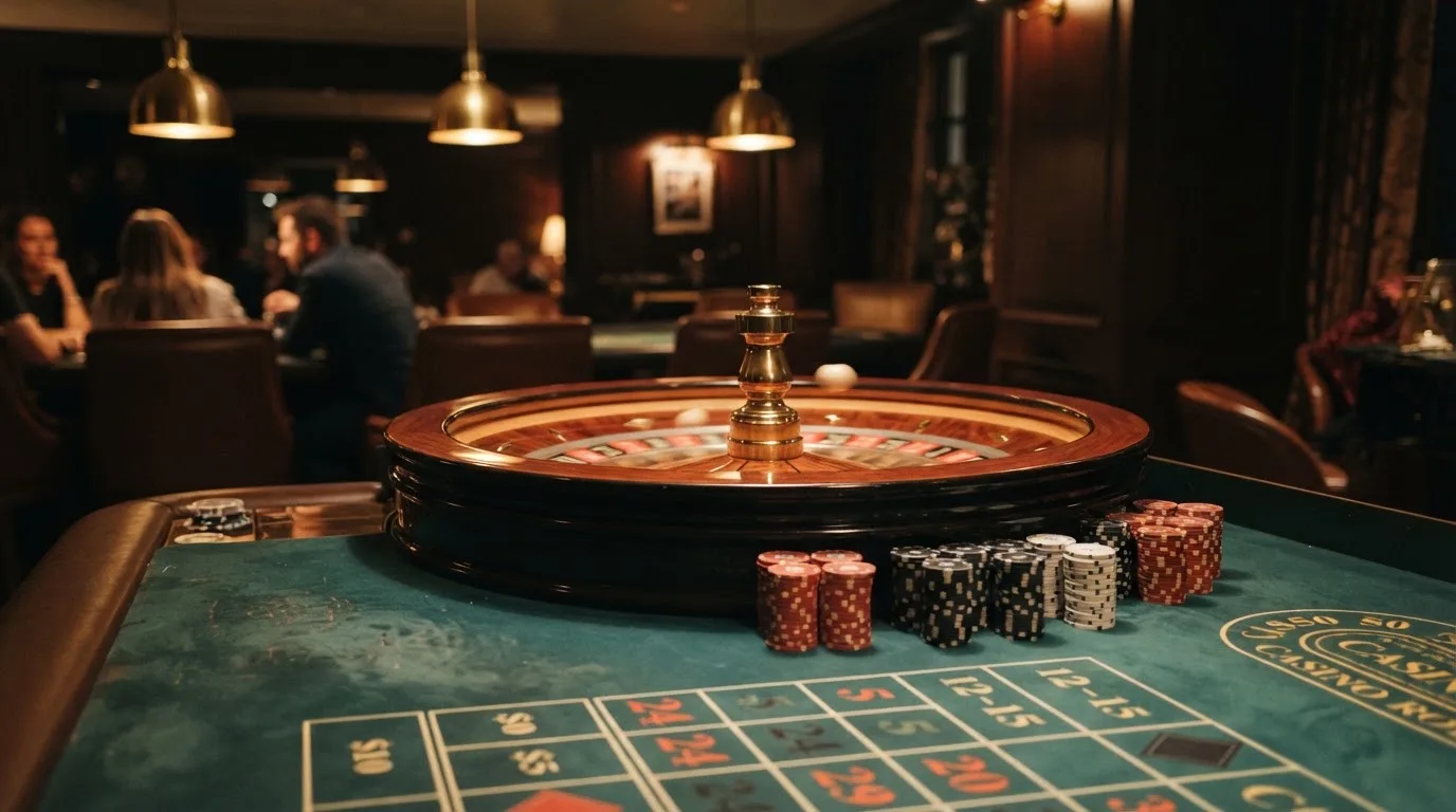 Rulettehjul og sjetonger på grønn filt i varmt kveldslys — casinoer med dogecoin i norge