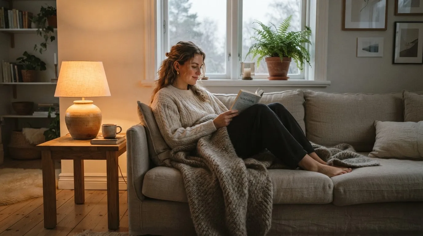 Kvinne leser på en sofa med et teppe i en koselig stue med varmt lys