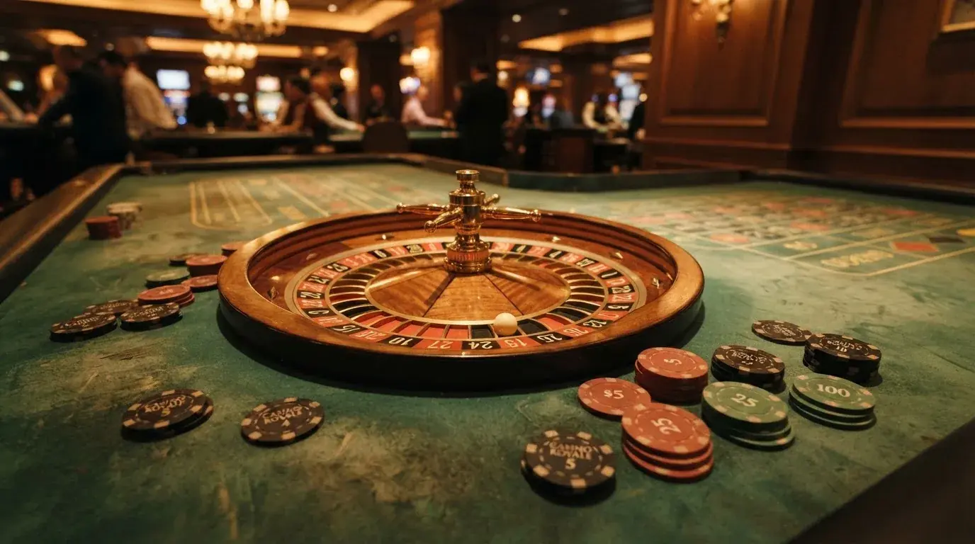 Rulettehjul og sjetonger på grønn filt i varmt kveldslys — live roulette in norway