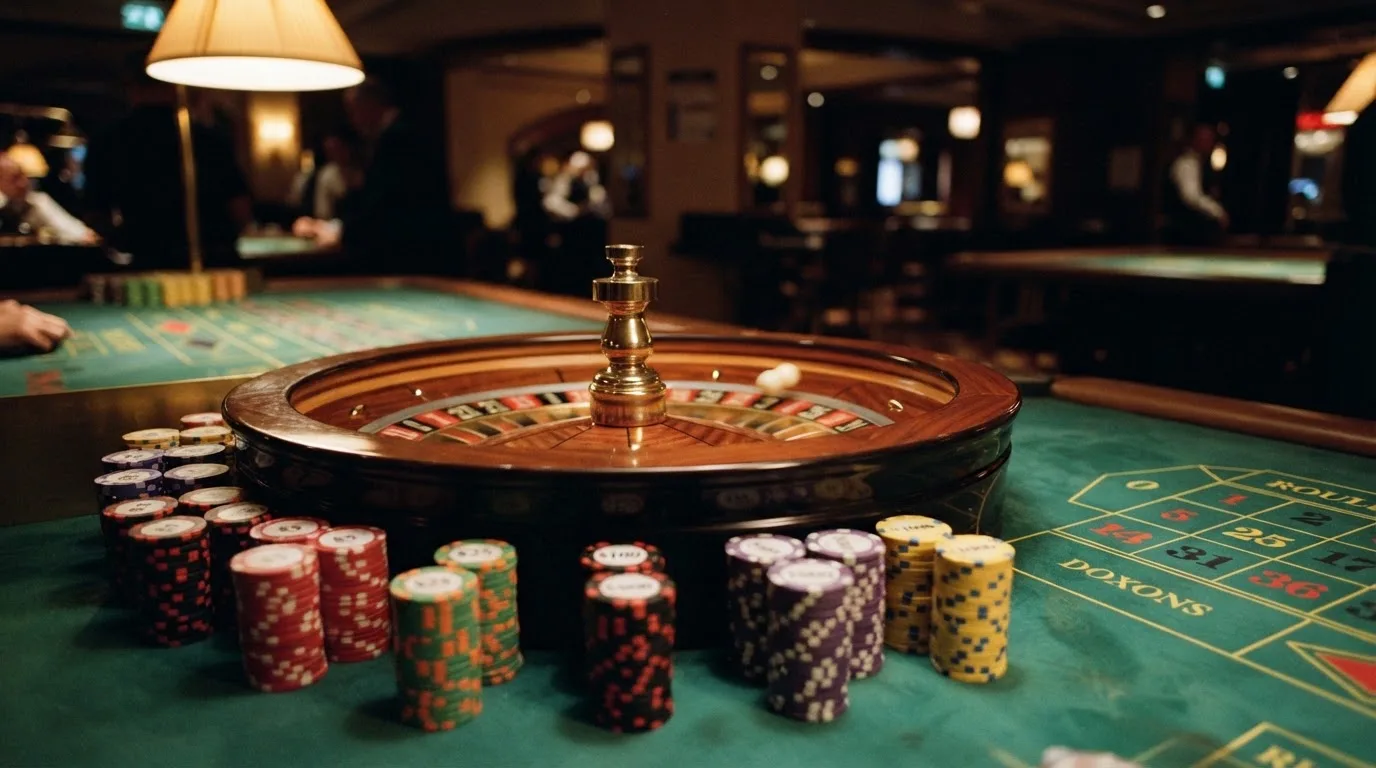 Rulettehjul og sjetonger på grønn filt i varmt kveldslys — norske casinoer på android
