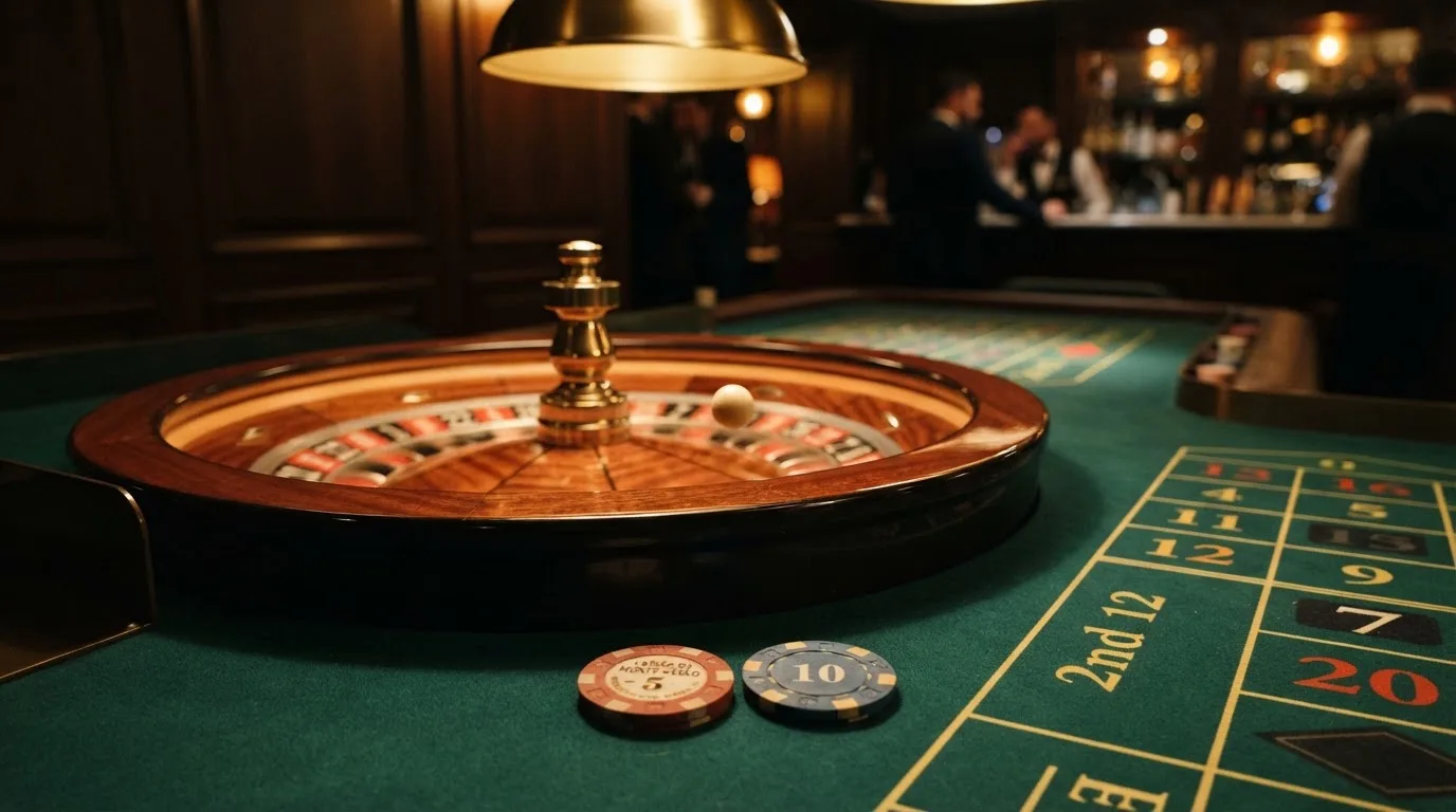 Rulettehjul og sjetonger på grønn filt i varmt kveldslys — norske casinoer på ios